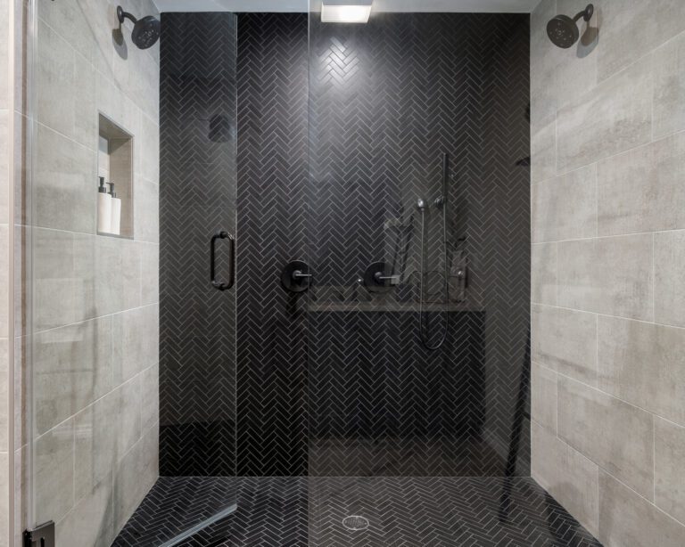 NOMI BATH Master bathroom remodeling Dallas NOMI modern trinsic delta shower trim black on black