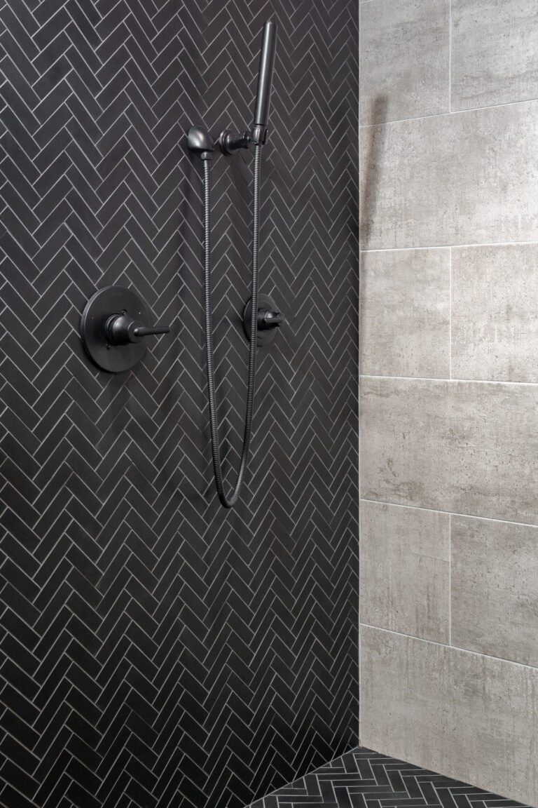 NOMI BATH Master bathroom remodeling Dallas NOMI modern trinsic delta shower trim black on black